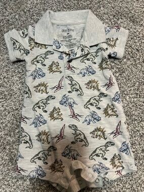 okie dokie Gray Dino Polo Romper with Multicolor Print